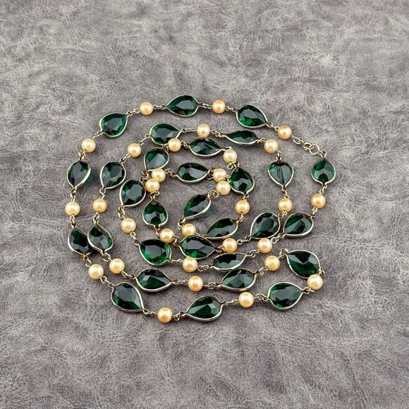 Long Vintage Necklace Gold-Tone Chain Green Teardrop Glass Bezel Faux Pearl  50” - Picture 12 of 12